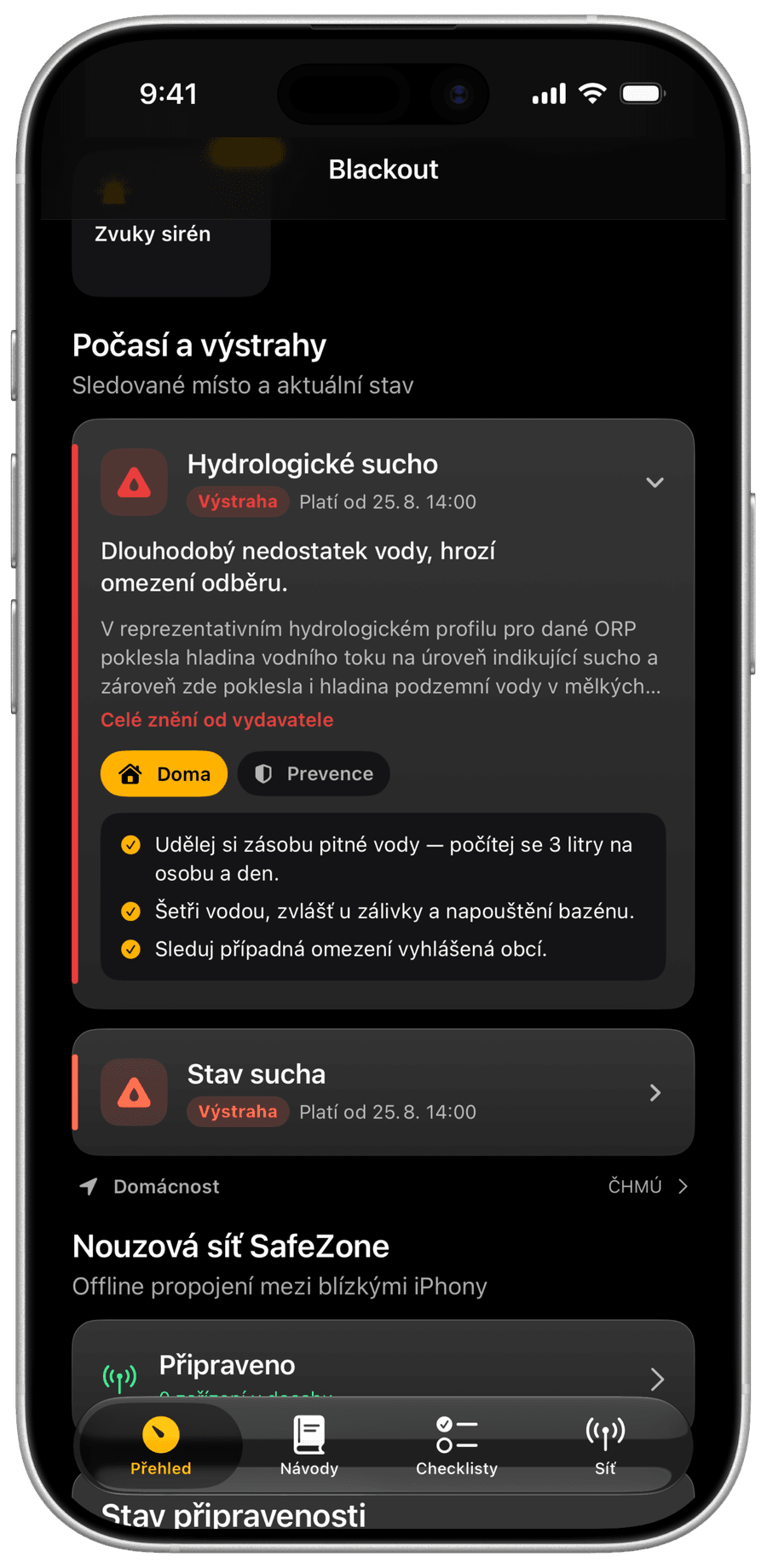 Živý stav elektrizační sítě a výstrahy na dosah